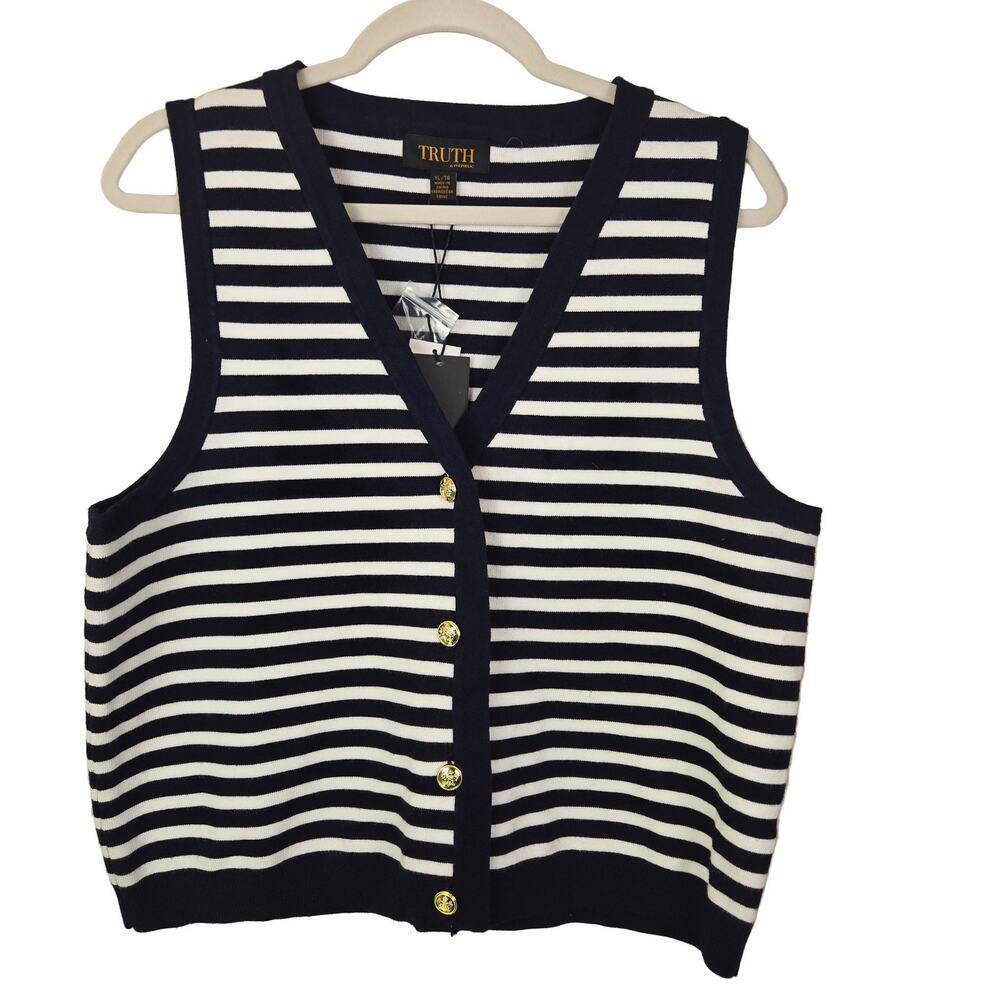 TRUTH Striped V-Neck Button Front Sweater Vest Women's Navy White XL Knit